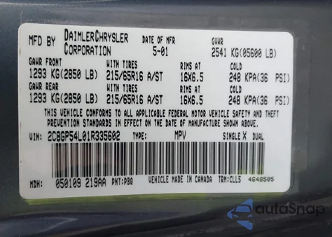 2001 Chrysler Town & Country Lxi z USA, uszkodzony, nr VIN 2C8GP54L01R335602